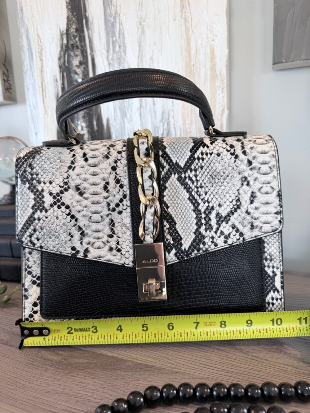 Aldo Black & White Snake-Print Top Handle Satchel with Gold Chain - Picture 10 of 12